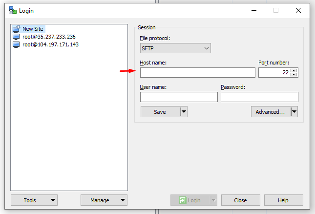 Ventana de Login WinSCP