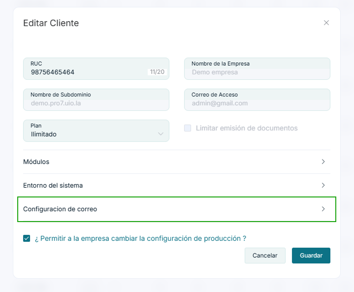 Modal de configuración
