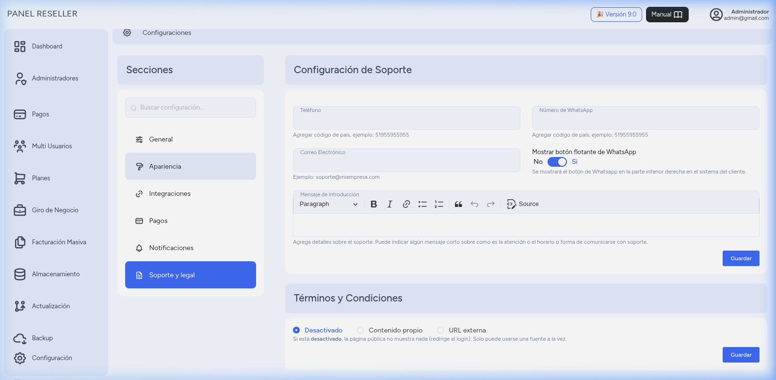Configuración de Soporte y Legal